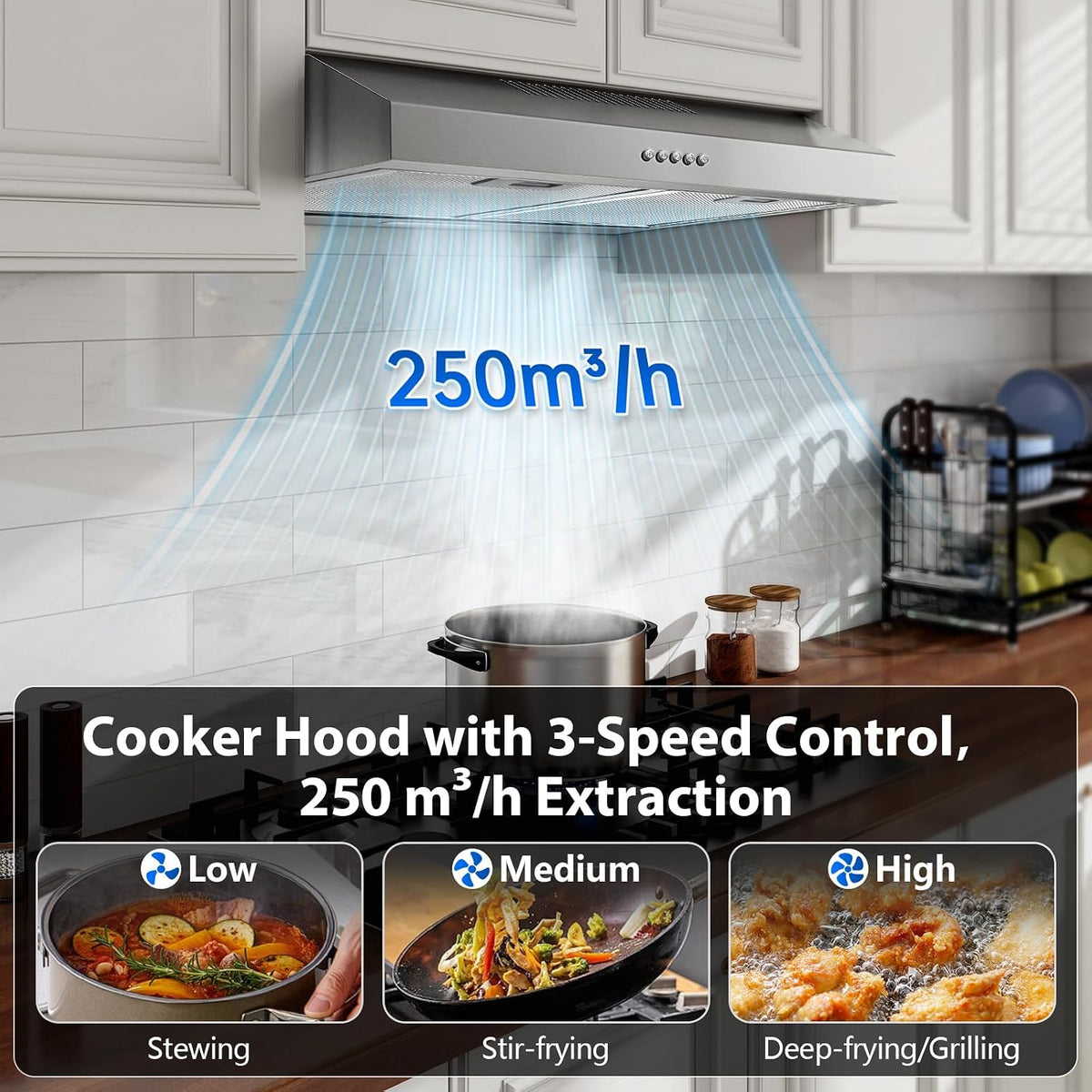 TopStrong 60cm Under Cabinet Cooker Hood, 250m³/h Slim Kitchen Extractor Fan, 3 Speed, A+ Energy Rating, LED Light, 430 Stainless Steel, Recirculating & Ducted Extractor Hood