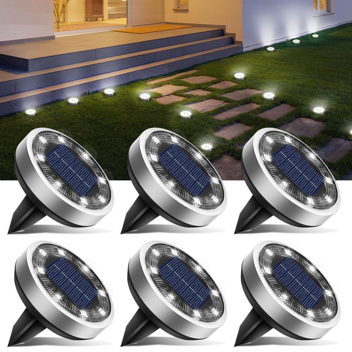 btfarm Solar Lights Outdoor Garden, 6 Pack 8 LED Solar Ground Disk Lights Outdoor IP65 Waterproof for Garden Pathway Lawn Patio Yard Landscape (Blue)