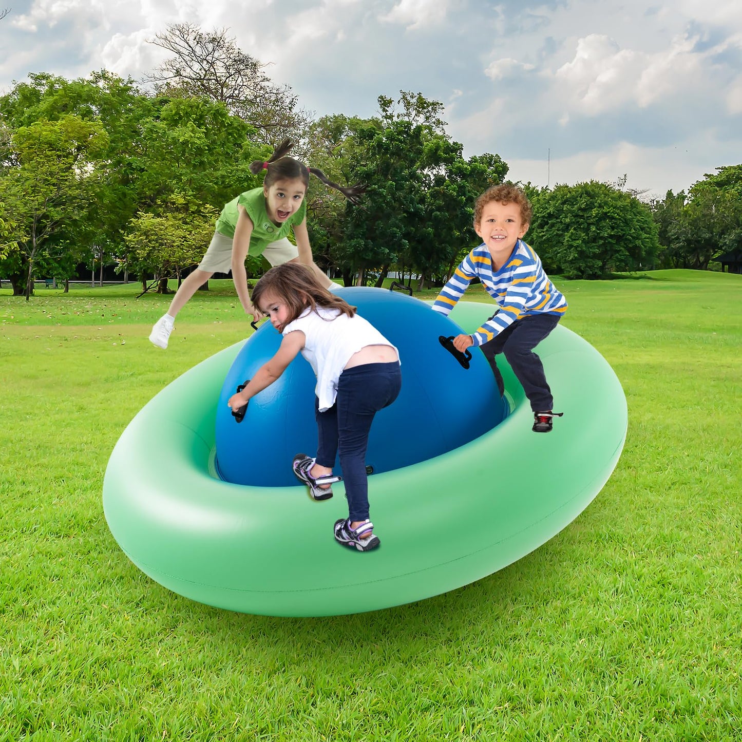 GYMAX 88'' Inflatable Dome Rocker Bouncer, Giant Inflatable Rocking Planet with 6 Handles, Indoor Outdoor Large Blow Up Rocking Ball for 5 Years Old+ Boys Girls, Max Weight 113kg (Pink+Green)