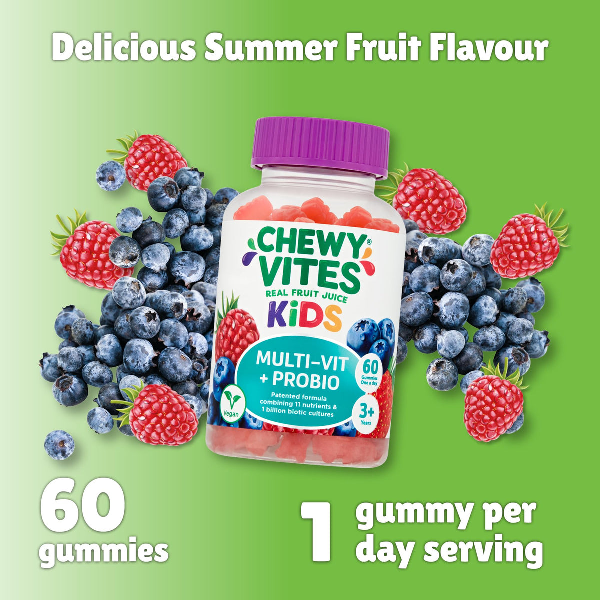 Chewy Vites Kids Multivitamin Advance, 60 Kids Vitamins Gummies, 11 Essential Nutrients, 2 Months Supply, Real Fruit Juice, Vegan, Age 3 +, Blueberry and Raspberry Flavour