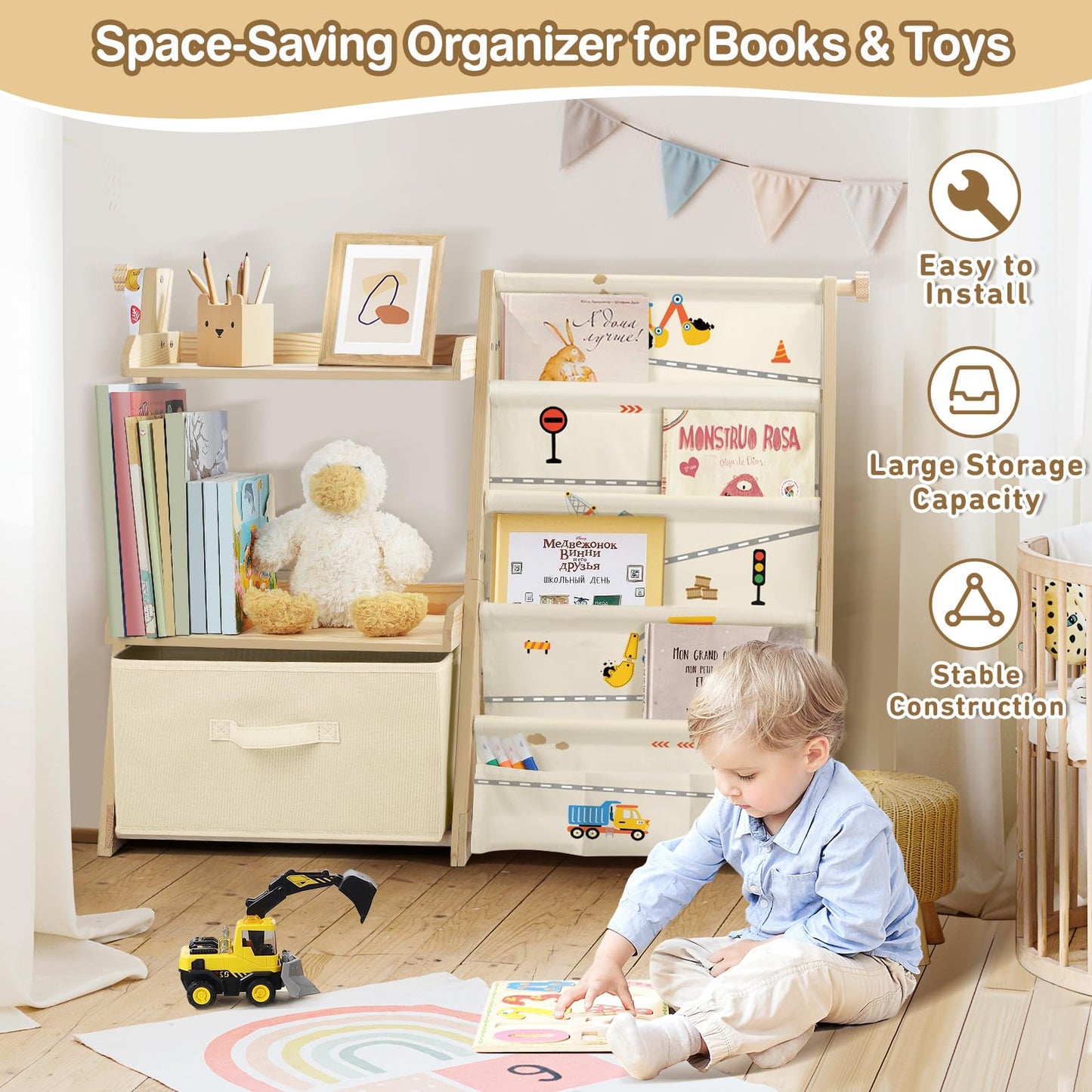 Kids Bookshelf and Toy Storage, Montessori Wooden Children Bookcase and Toy Organizer, 4-tier Toddler Sling Book Shelf with a Large Storage Box for Nursery, Bedroom, Playroom (Terrazzo)
