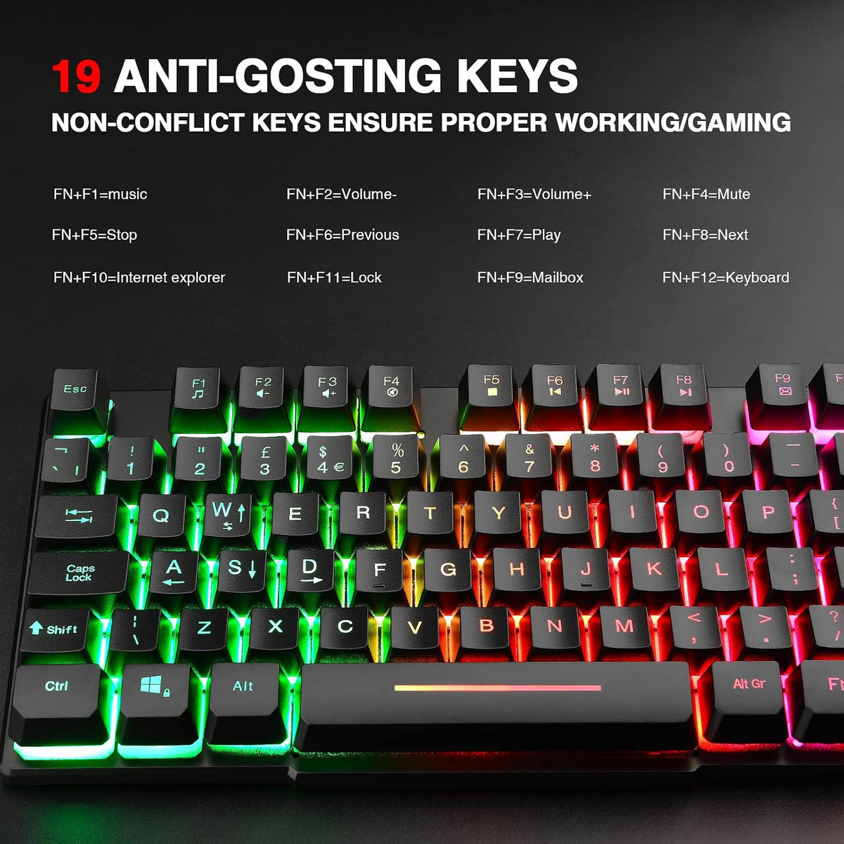 Rii Gaming Keyboard,USB Wired Keyboard with Rainbow LED Backlit Mechanical Feeling for Working Gaming (UK Layout)