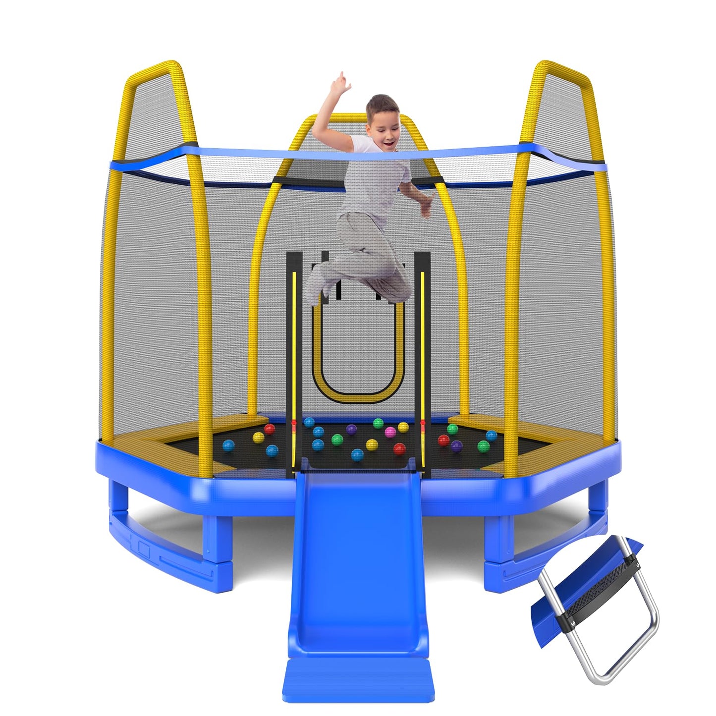 COSTWAY 7ft Kids Trampoline, Hexagonal Trampolines with Slide, Ladder, Safety Enclosure Net and Ocean Balls, Toddler Jumping House for Indoor Outdoor