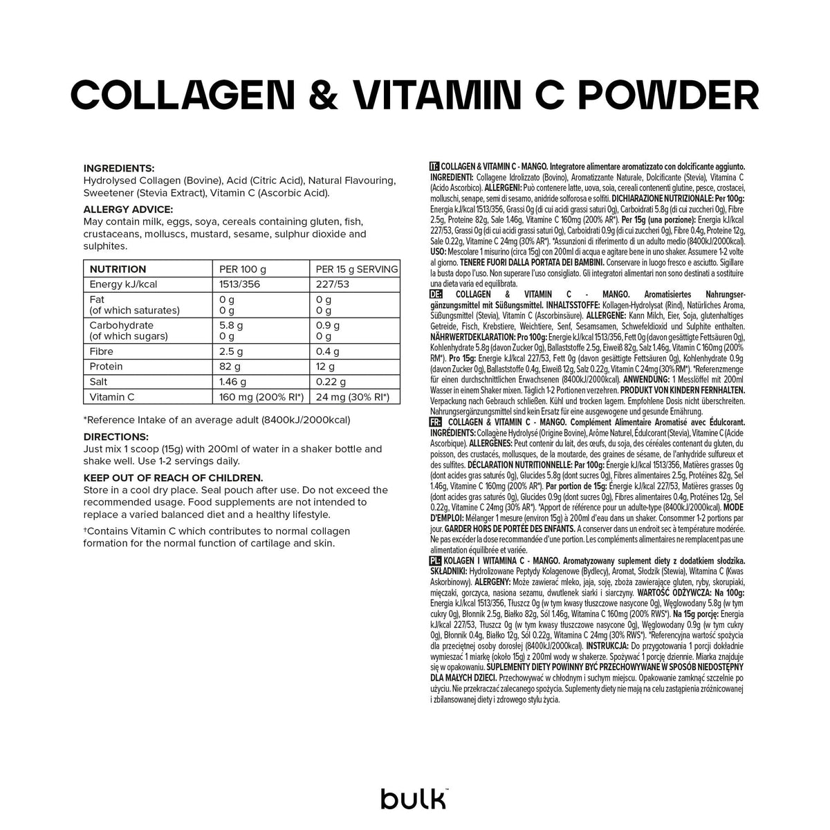Bulk Collagen Powder with Peptides and Vitamin C, Unflavoured, 500g