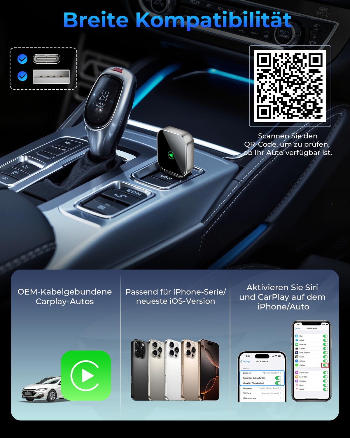Wireless CarPlay for Apple iPhone - Easy Plug Play CarPlay Dongle Convert Factory Wired CarPlay to Wireless Connection, Car Stereos