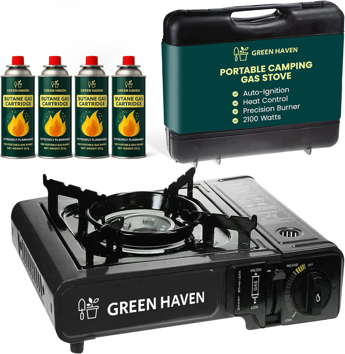 Green Haven Portable Camping Stove | 4 Butane Gas, Carry Case