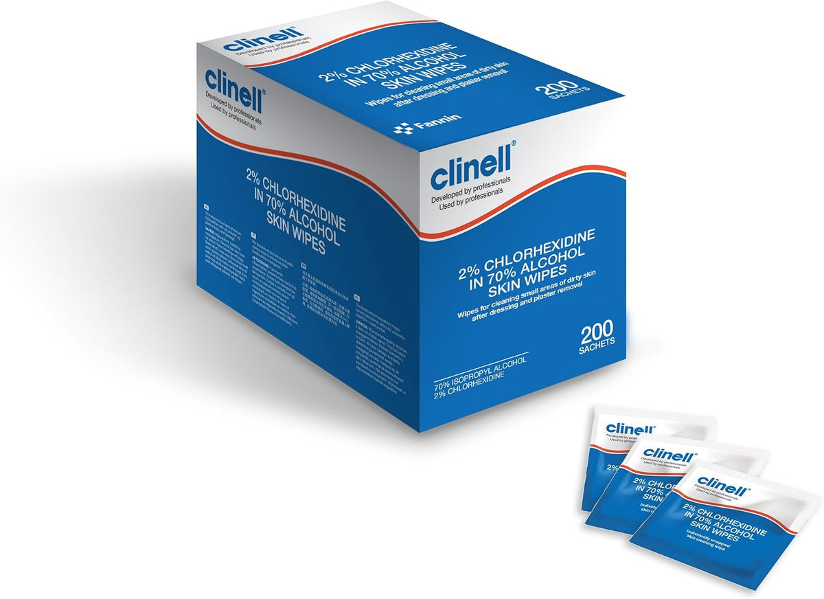 Clinell Skin Alcohol Wipes 200 Pack, Individually Wrapped - 2% Chlorhexidine & 70% Isopropyl Alcohol - Medical Cleansing Wipes - Hospital‑Grade, Latex‑Free & Dermatologically Tested