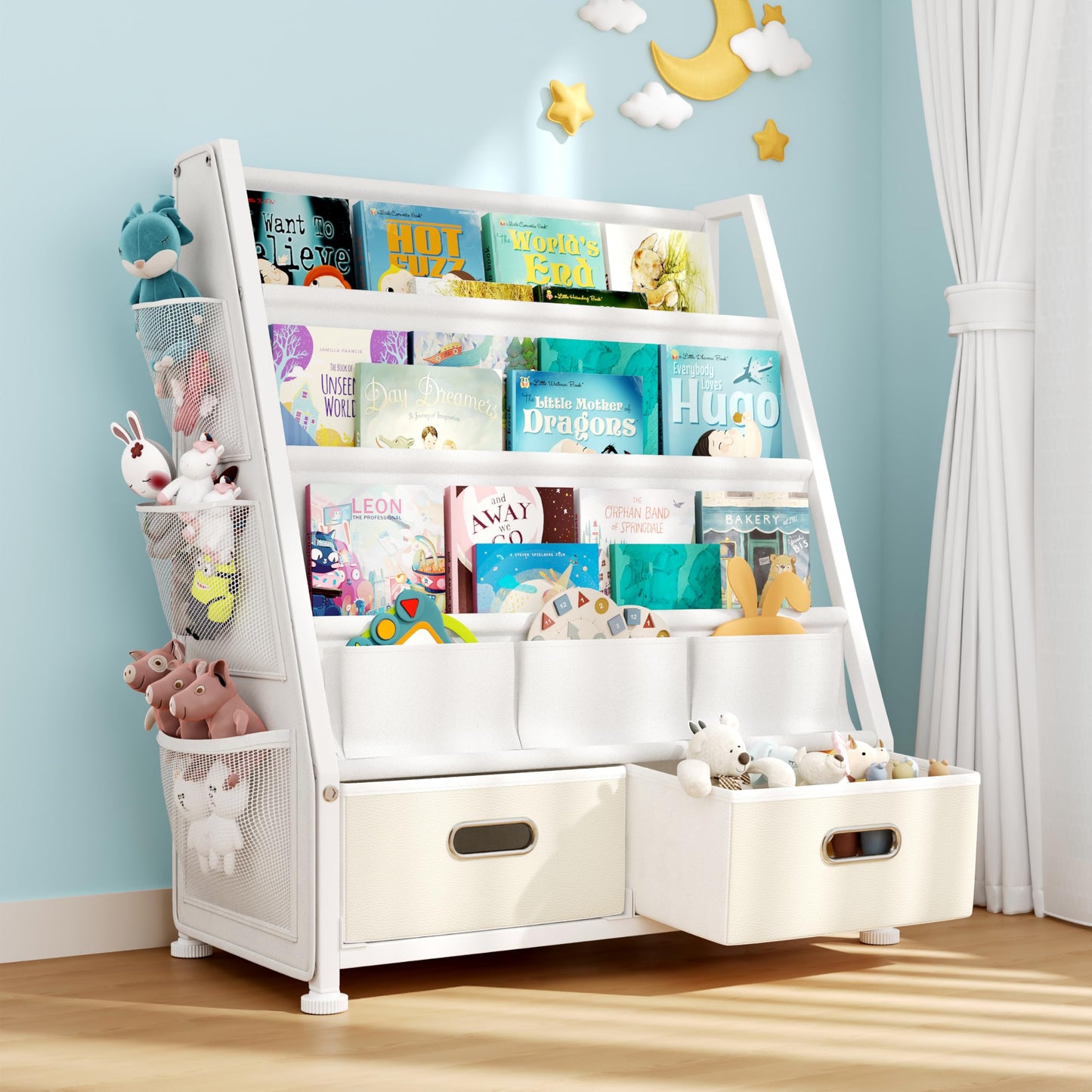 GoTiling Kids Bookshelf and Toy Storage Organizer: 3-Tier Sling Book Shelf with 3 Side Pockets for Kids Room - Toy Storage Organizer with 2 Fabric Drawers for Nursery, Bedroom, Playroom