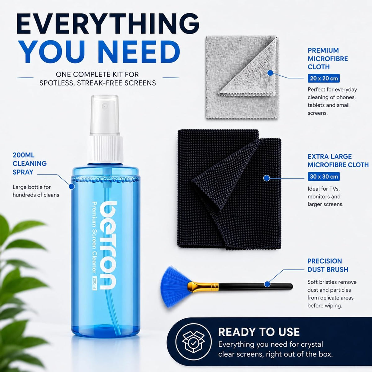 Betron Screen Cleaner Spray Kit with Cloth for TV, Laptop, Monitor, 200ml