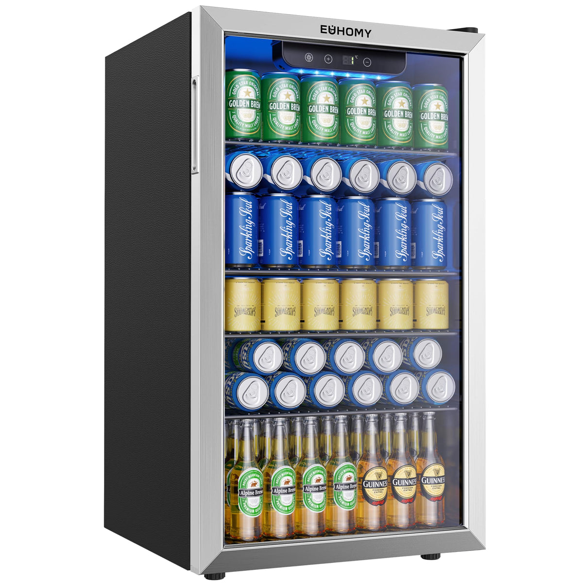 EUHOMY 93L Drinks Fridge, 126 Can Beer Fridge with Glass Door, Wine fridge with Adjustable Shelves for Soda Beer or Wine, Home/Bar/Office, Black, Steel, One-Touch Control [Energy Class F]