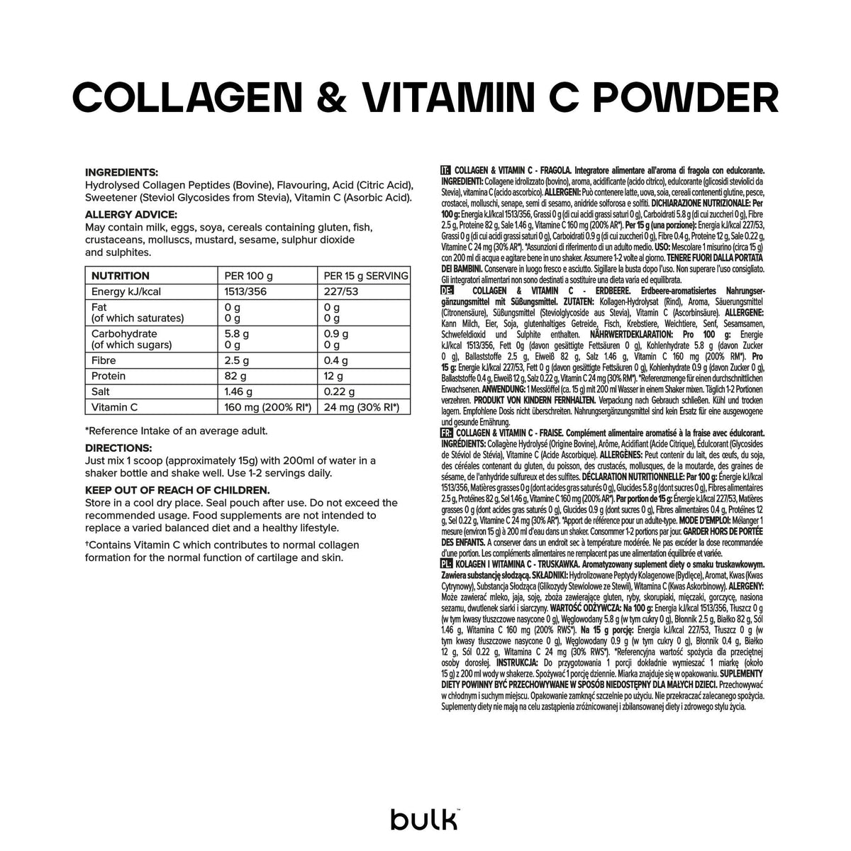 Bulk Collagen Powder with Peptides and Vitamin C, Unflavoured, 500g