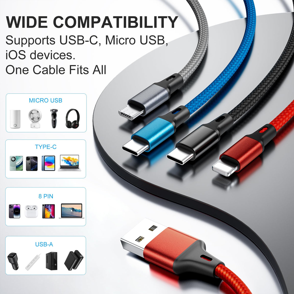 Amuvec Multi Charger Cable, 4 in 1 Fast Phone Charger Cables 1.2M Red