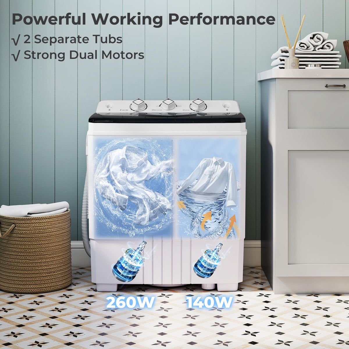 TANGZON Twin Tub Washing Machine, 8KG Portable Washing Machine Spin Dryer