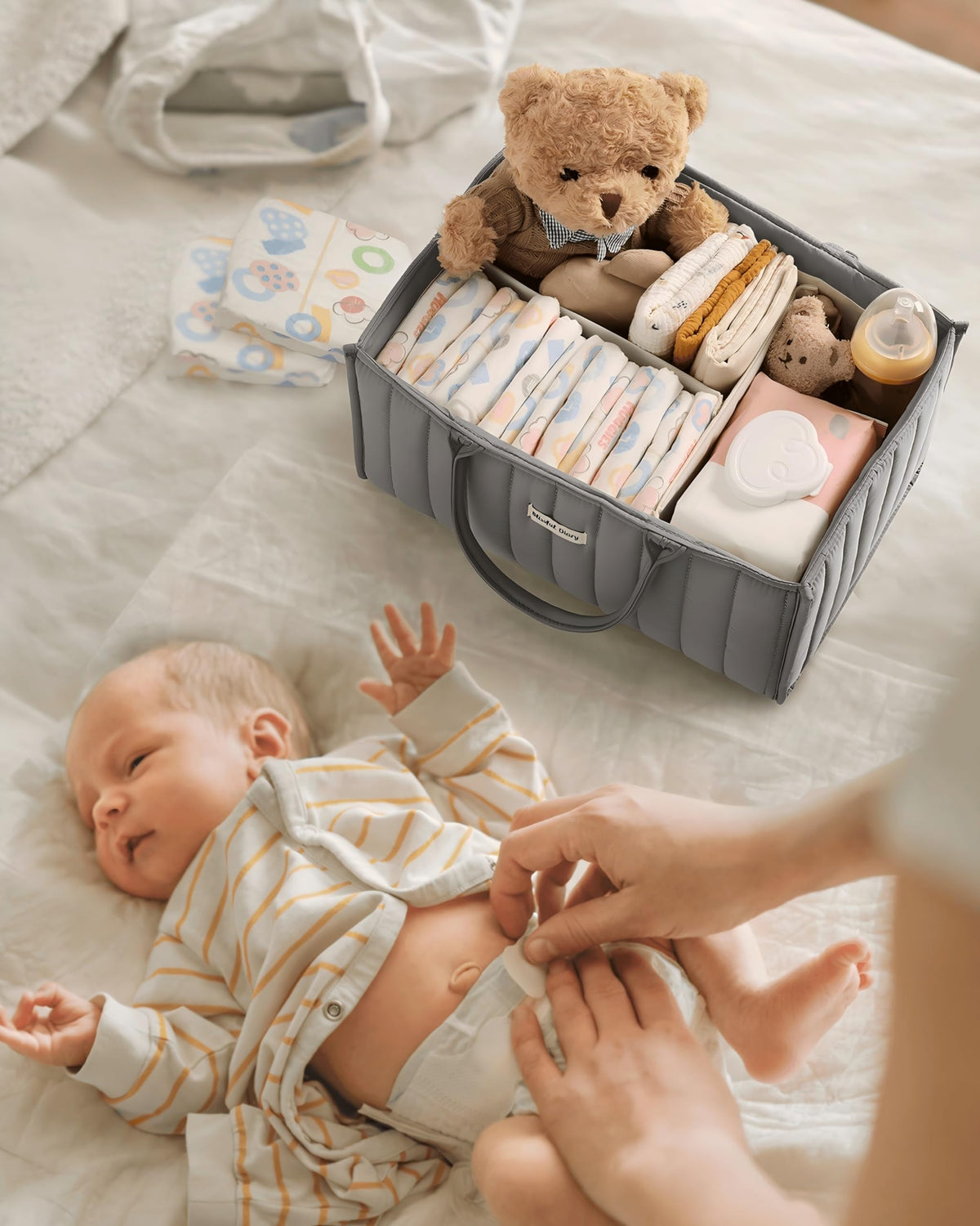 Blissful Diary Nappy Caddy Organiser, Baby Diaper Caddy for Nappy Station, Stylish Storage Basket for Newborn Essentials, Baby Shower Gifts for Girl or Boy, Woodland Cream