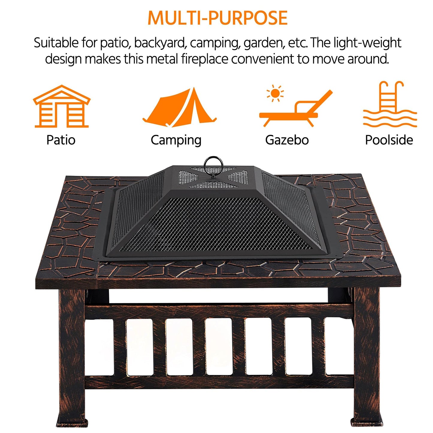 Yaheetech Outdoor Fire Pit 81cm Square Fire pits 3-in-1 Heat-resistant Metal Garden Stove for Barbecue, Heating, Cooling Drinks with Cover & Poker, Black