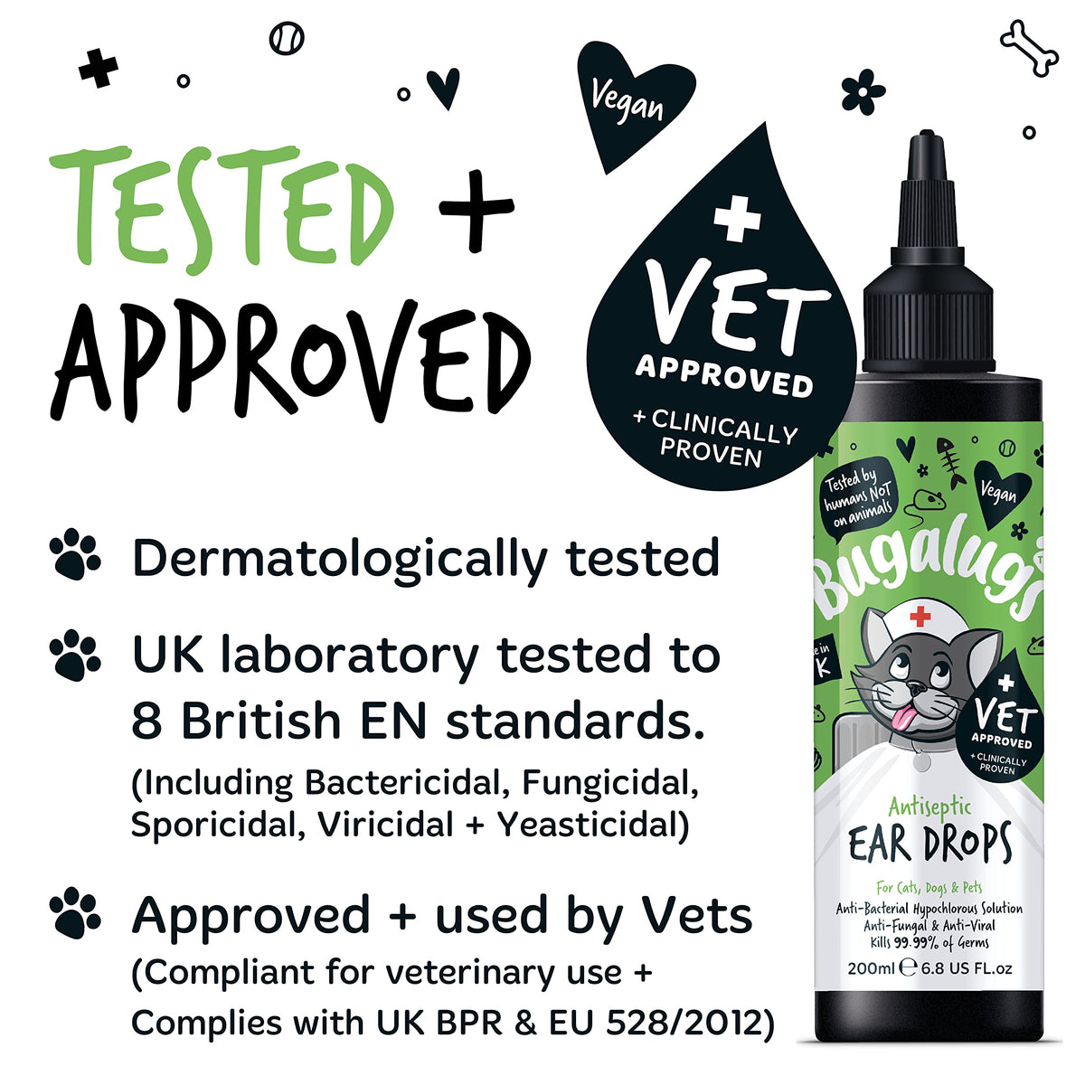BUGALUGS Antiseptic Ear Drops 200ml – Ear Disinfection, Kills bacteria, Stops Odours, Scratching & Discomfort, Anti-fungal (Yeast), Veterinary-grade, for Dogs, Cats & all other animals