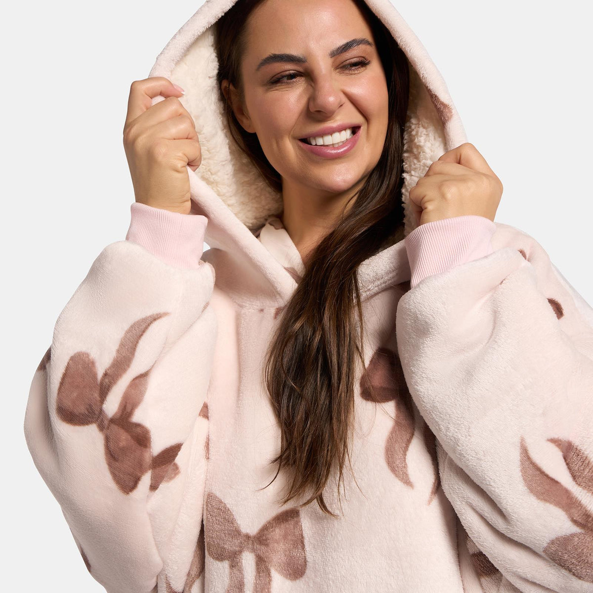 OHS Bows Print Hooded Blanket Adult Kids Sherpa Lined Winter Family Hoodie