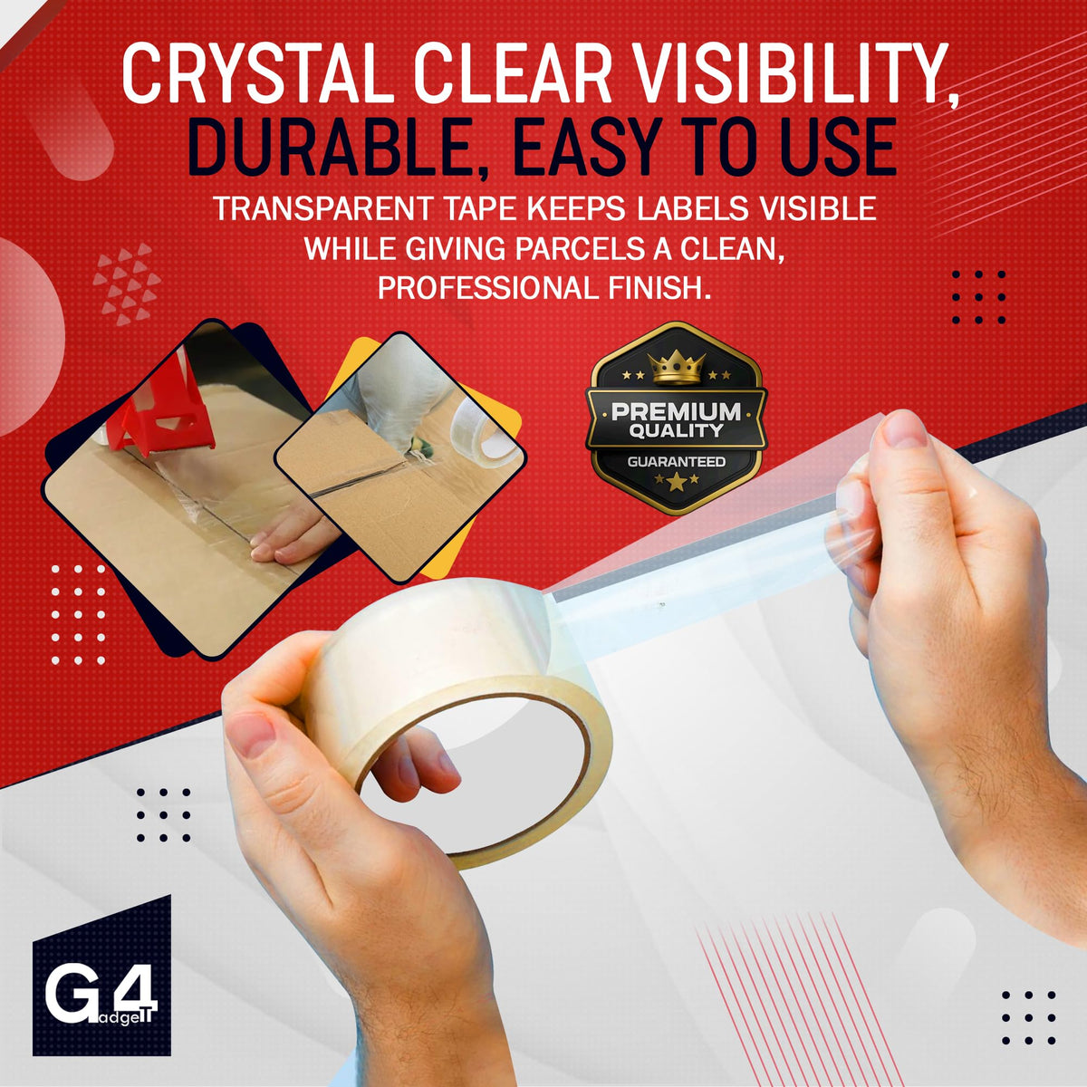 G4GADGET Pack of 3 Clear Packing Tape - Heavy Duty Transparent Tape 48mm x 66m - Ideal for Moving, Packing Boxes, and Secure Packaging