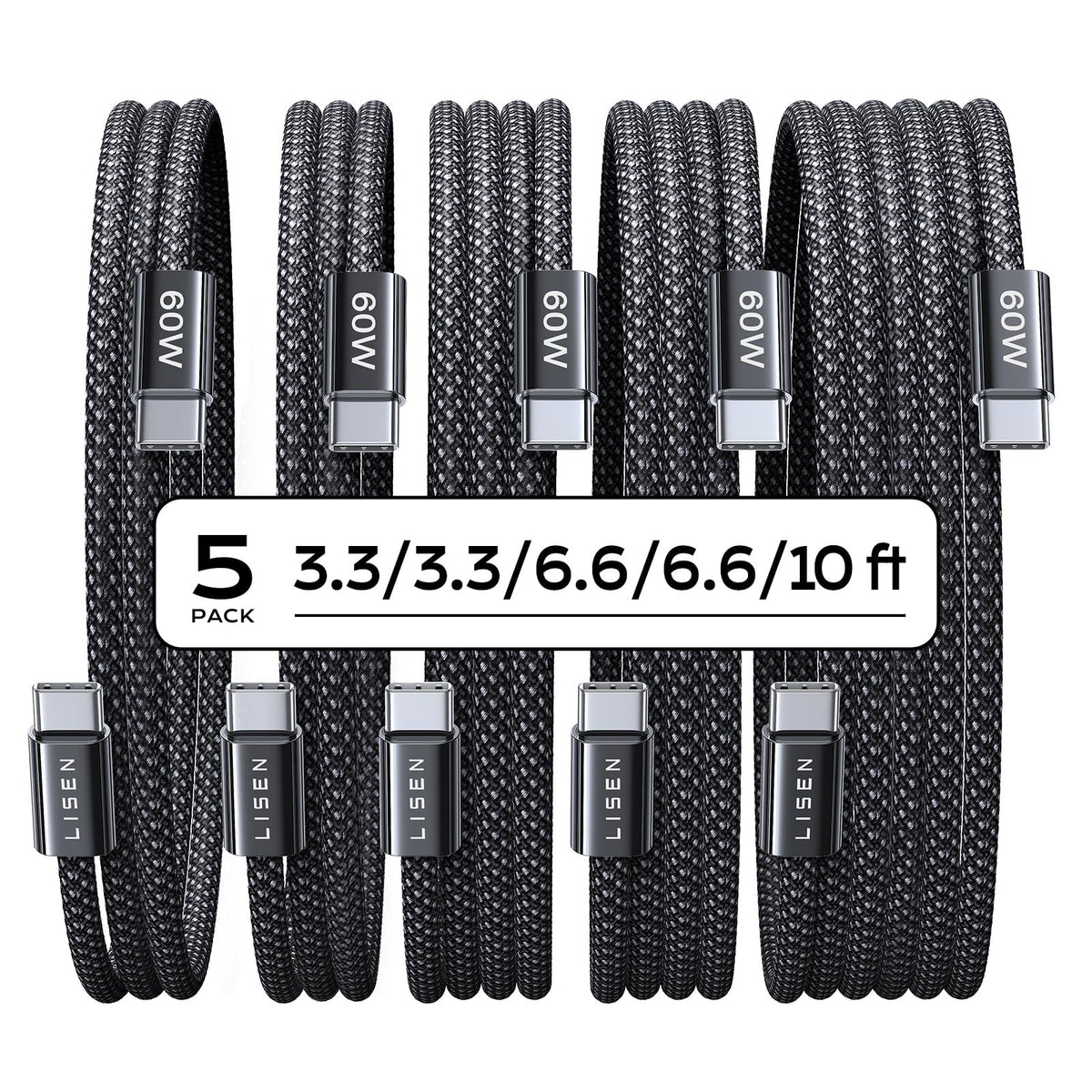 LISEN 60W for Samsung Type C 4-Pack [1M+1M+2M+2M] USB C Charger Cable for iPhone 15 Pro Max, iPad Pro/Air/Mini, Samsung S24, LG, Google Pixel