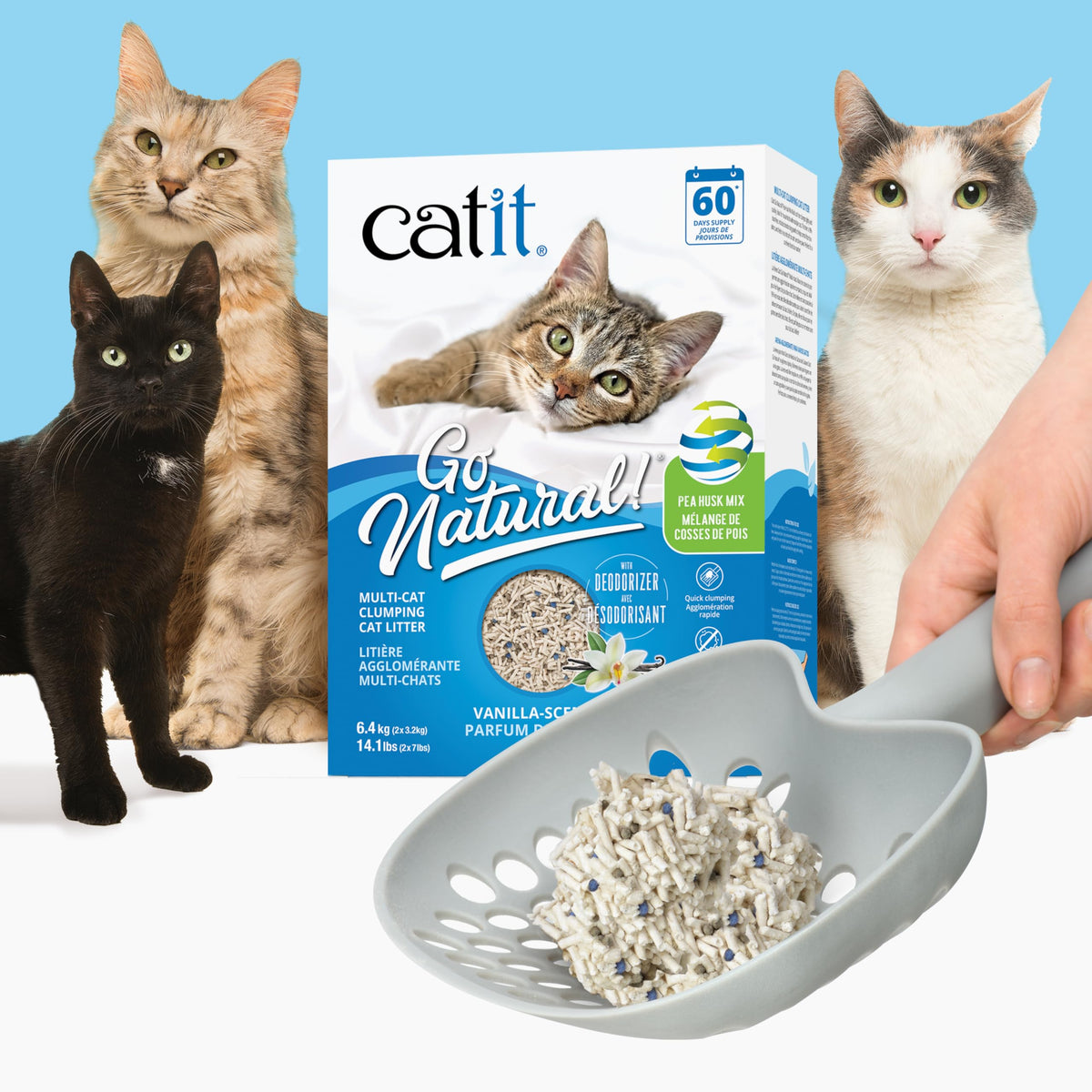 Catit Go Natural Vanilla Scented Pea Husk Clumping Cat Litter, Deodorising, 99.9% Dust-Free, Fast Clumping Cat Litter, Plant-Based Litter for Cats & Kittens, 5.6kg (2 x 2.8kg)