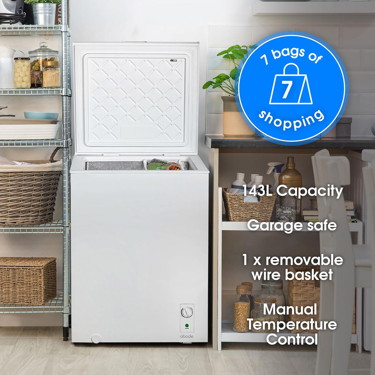 Abode Freestanding White Chest Freezer 99L with Removable Wire Basket & Counter Balance Lid, Adjustable Thermostat, 4 Star Freezer, Suitable for Garages & Outbuildings A99CF0E1W