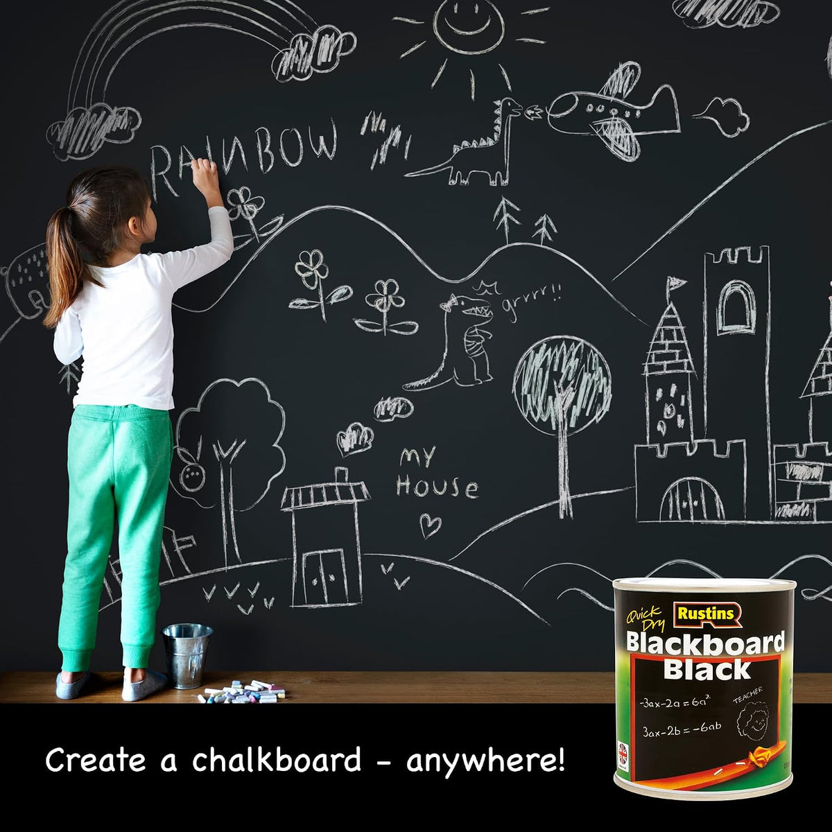 Rustins Blackboard Black Paint 250ml– Quick Dry Matt Black Chalkboard Paint, Durable Writing Surface for Home, School & Office