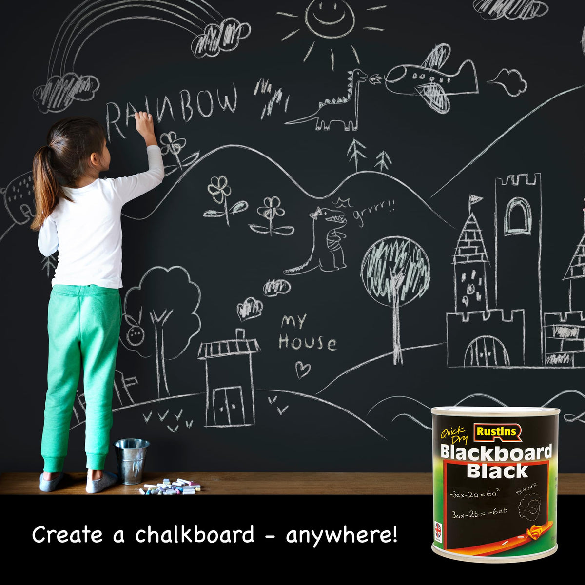 Rustins Blackboard Black Paint 250ml– Quick Dry Matt Black Chalkboard Paint, Durable Writing Surface for Home, School & Office