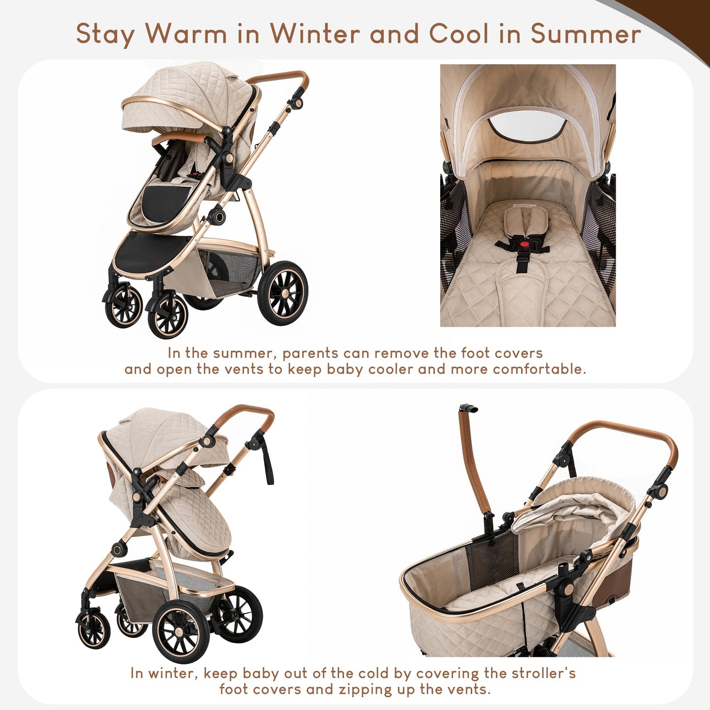 Baby Stroller 3 in 1,Travel Pushchair's Lie-Flat Pram is Foldable, Stroller System Handle is Adjustable, The Wheels are Made of PU Material, Suitable for 0-3 Years-Khaki