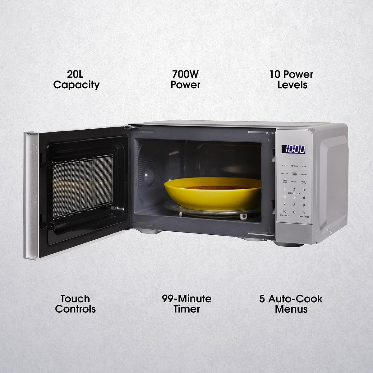 Abode Touch Control Microwave 20 Litre Black Digital 700W with Clock & Timer, 5 Auto Cook Settings & Defrost, 10 Power Levels AMT2012B (Touch Control, Silver)