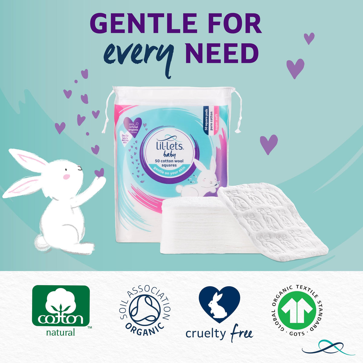 Lil-Lets Baby Cotton Wool Oval Pads, Certified Organic, 100% Pure Cotton Wool, Soft and Absorbent, Gentle on Baby's Delicate Skin, Dermatologically Tested, Ideal for Newborns, Pack of 50 Oval Pads