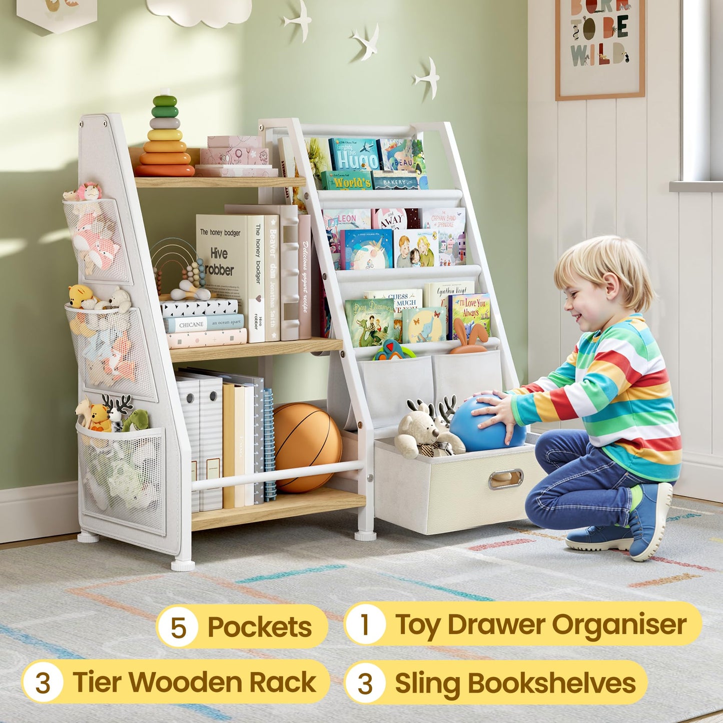 GoTiling Kids Bookshelf and Toy Storage Organizer: 3-Tier Sling Book Shelf with 3 Side Pockets for Kids Room - Toy Storage Organizer with 2 Fabric Drawers for Nursery, Bedroom, Playroom