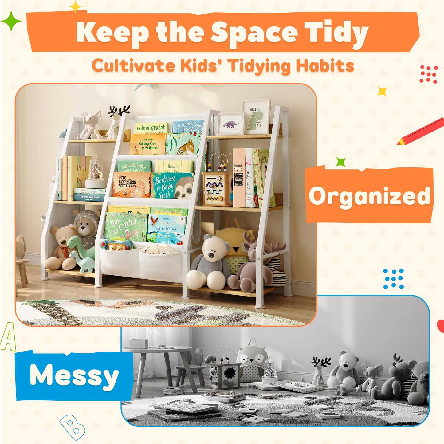 GoTiling Kids Bookshelf and Toy Storage Organizer: 3-Tier Sling Book Shelf with 3 Side Pockets for Kids Room - Toy Storage Organizer with 2 Fabric Drawers for Nursery, Bedroom, Playroom