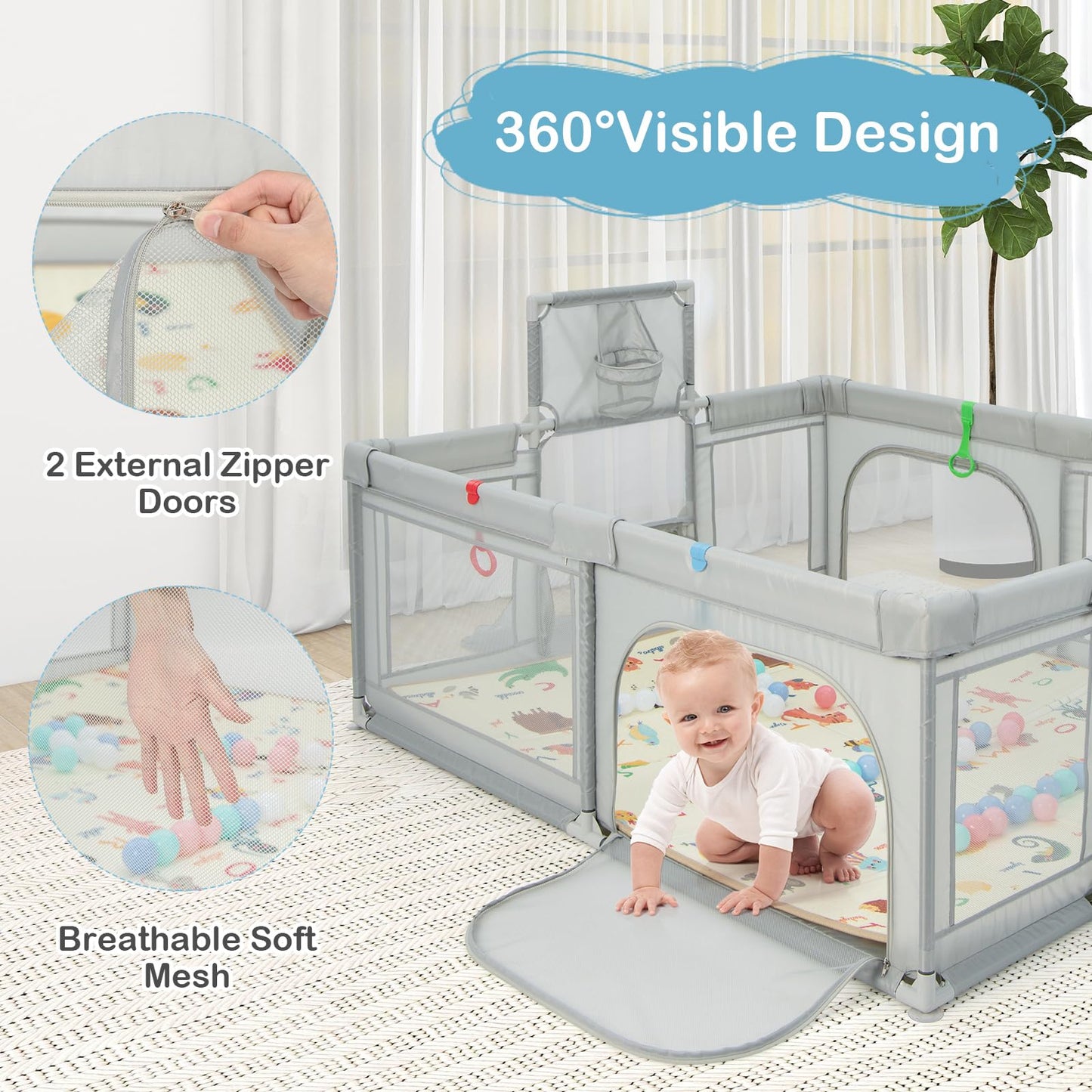 COSTWAY Baby Playpen, Toddler Mesh Play Pen with Mat, Pull Rings, Basketball Hoop, Football Nets, Ocean Balls, Indoor Outdoor Safety Playard for Babies and Toddlers (Light Gray, 207 x 142cm)