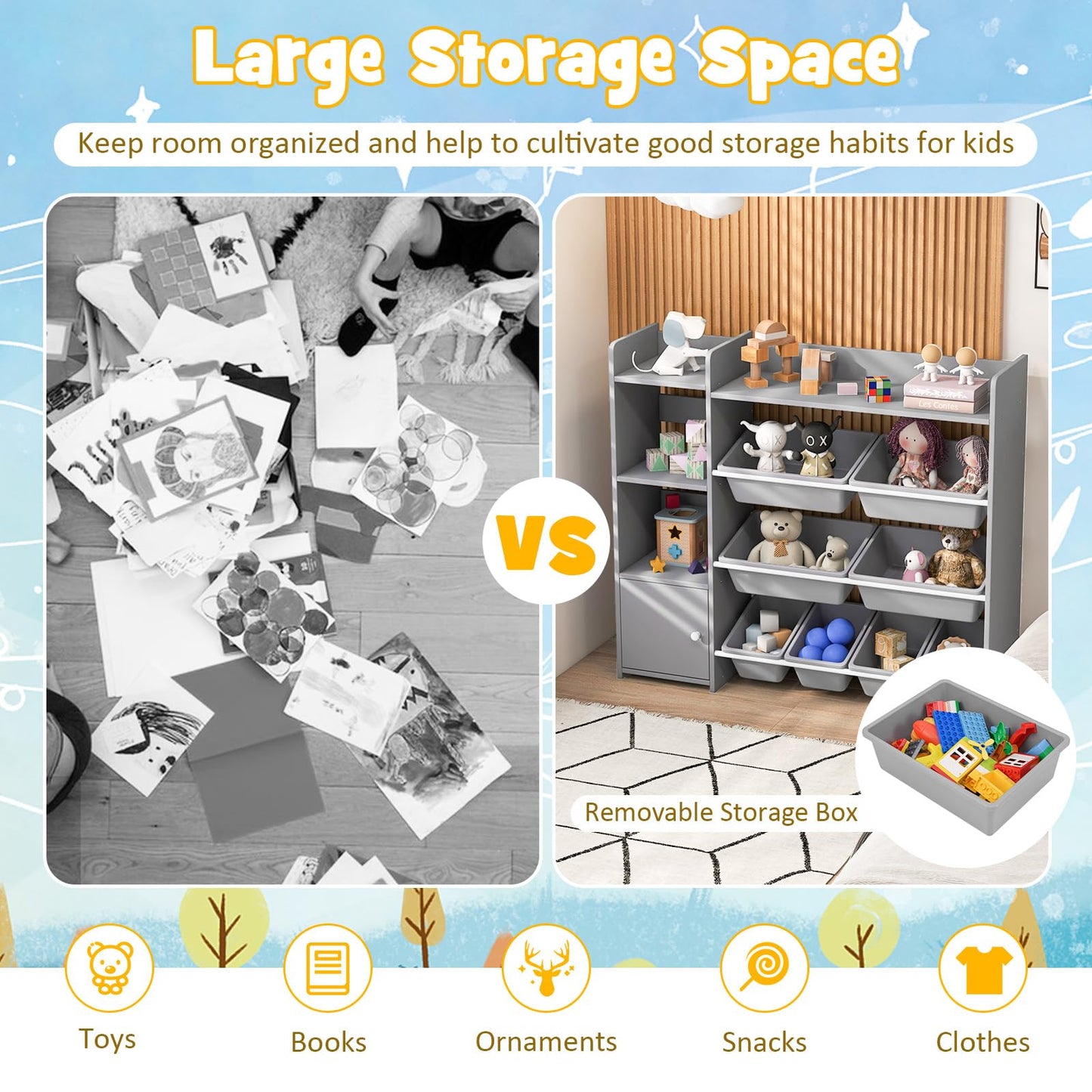 GYMAX Toy Storage Organizer, 4 Tiers Kids Bookshelf and Toy Storage Unit with 8 Bins, Open Shelves and Enclosed Cabinet, Children Bookcase for Playroom Bedroom Nursery (Pink)