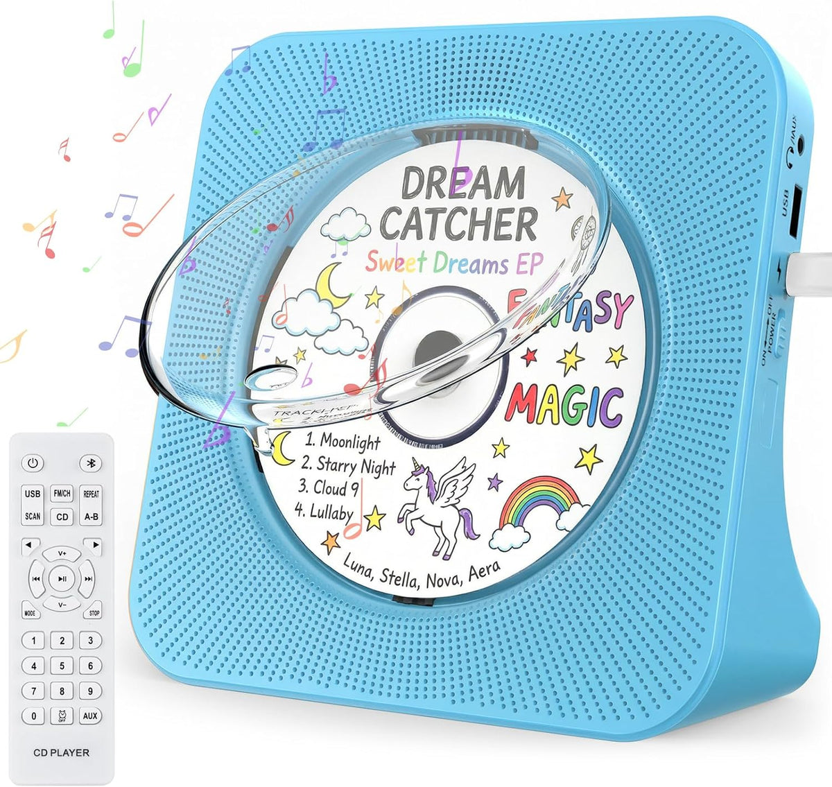 Portable CD Player with Bluetooth, Gueray Desktop CD Players for Home, Bulit-in Double HiFi Speakers, AUX&Headphone Jack, FM Radio Boombox with Remote Control, USB Port,LCD Display (Blue)