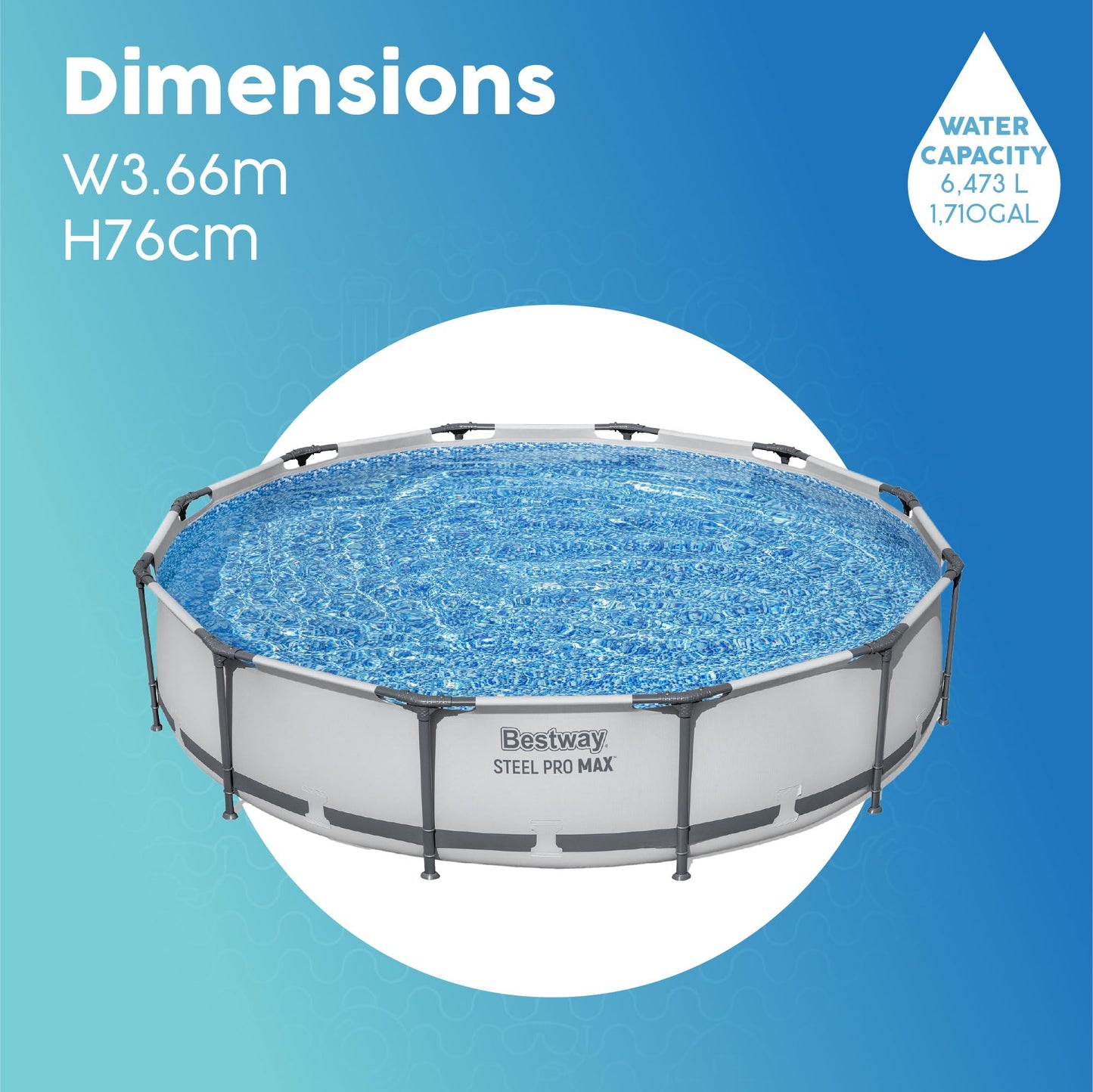 Bestway MAX Steel Pro Round Frame Swimming Pool with Filter Pump, Grey, 10 ft, Multicolour