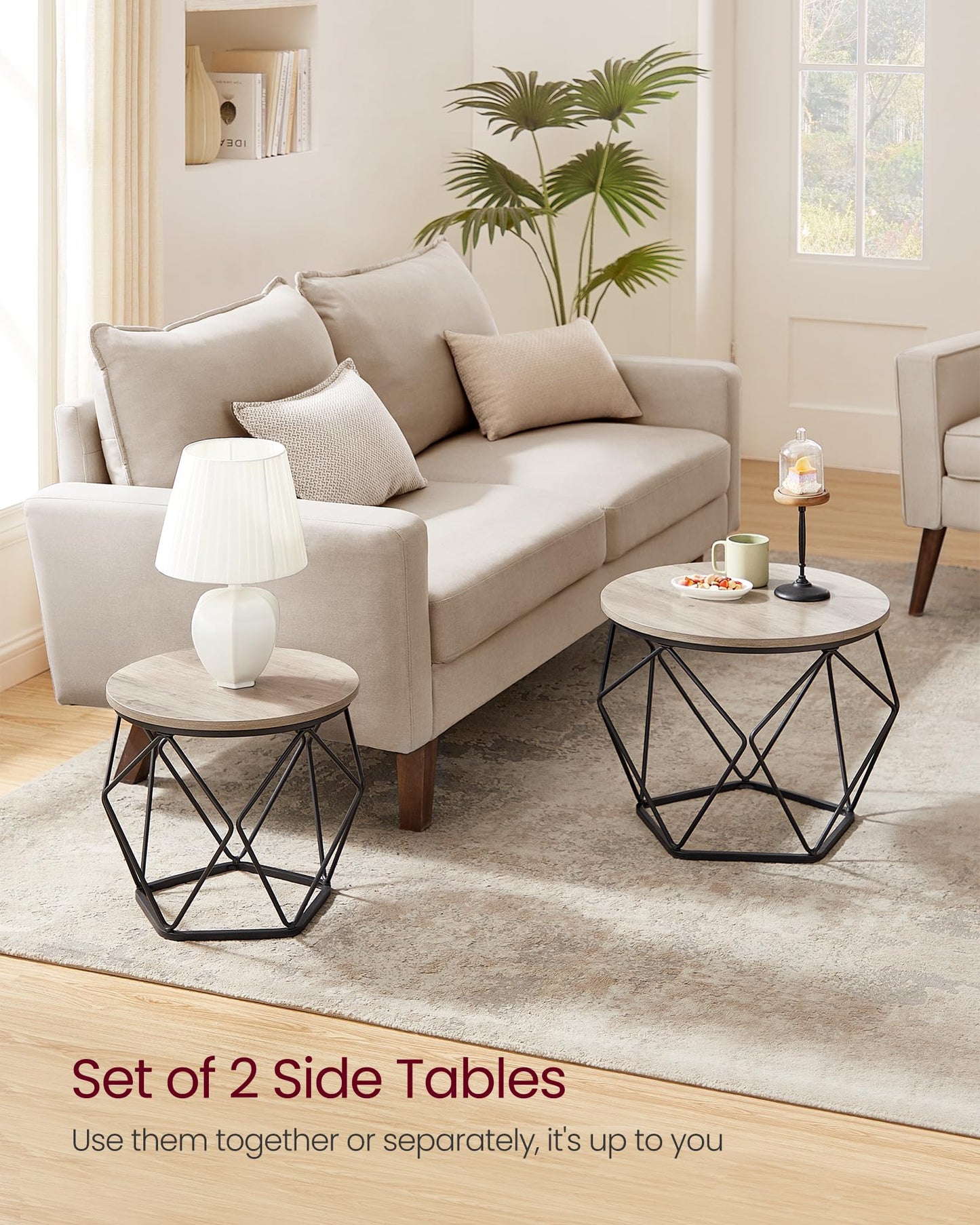 VASAGLE Coffee Tables, Set of 2 Side Tables, Robust Steel Frame, for Living Room, Bedroom, Rustic Brown and Black LET040B01