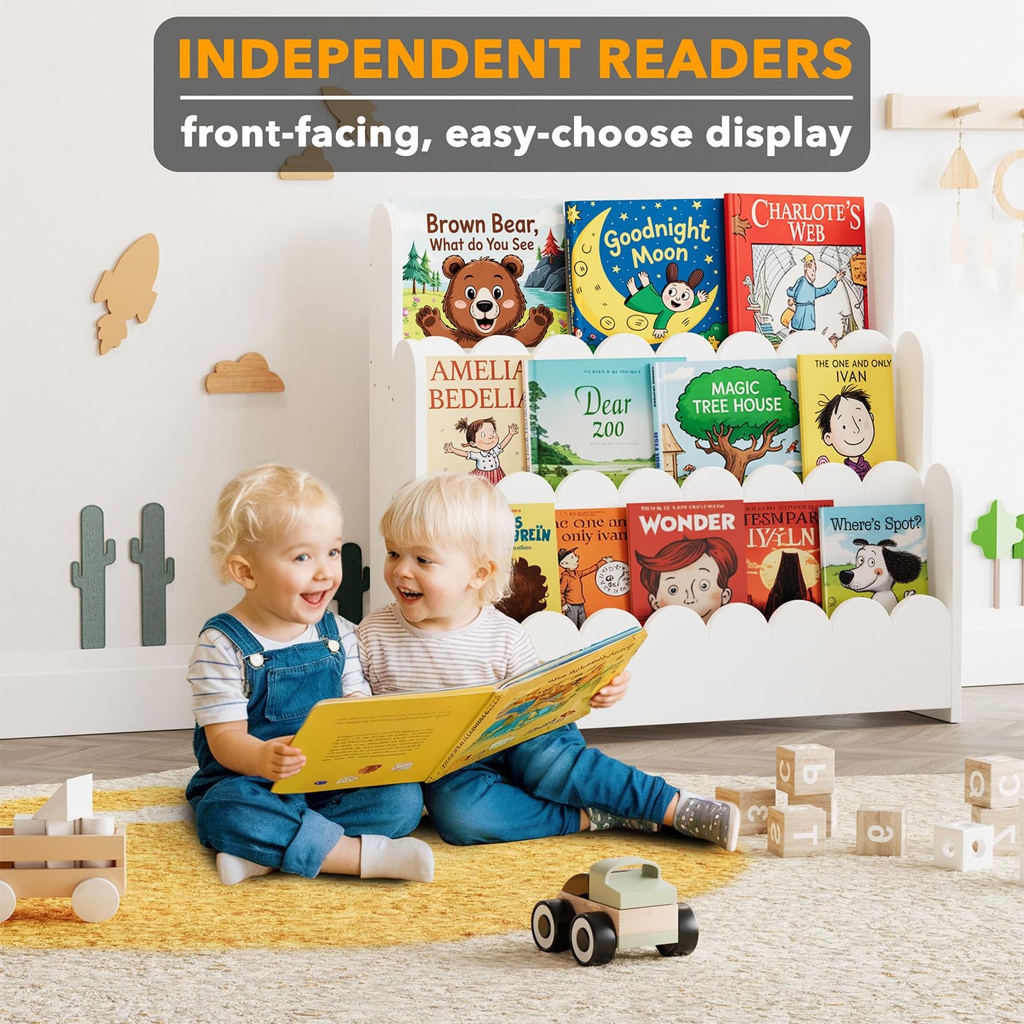 SpaceAid 3-Tier Scalloped Bookshelf, Montessori Bookcase for Toddlers, Wooden Book Shelf Organizer Display Furniture for Kids Rooms, Playroom, Nursery and Classroom, Natural
