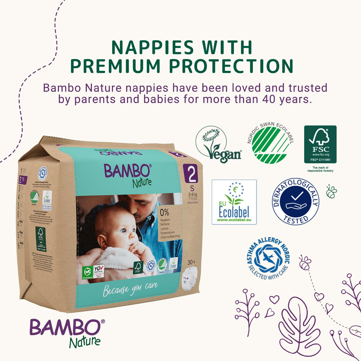Bambo Nature Premium Eco Nappies, Premature Size 0 (2-7lb/1-3kg), XXS, Pack of 24, Eco-Labelled Nappies, Enhanced Leakage Protection, Secure and Comfortable Baby Nappy