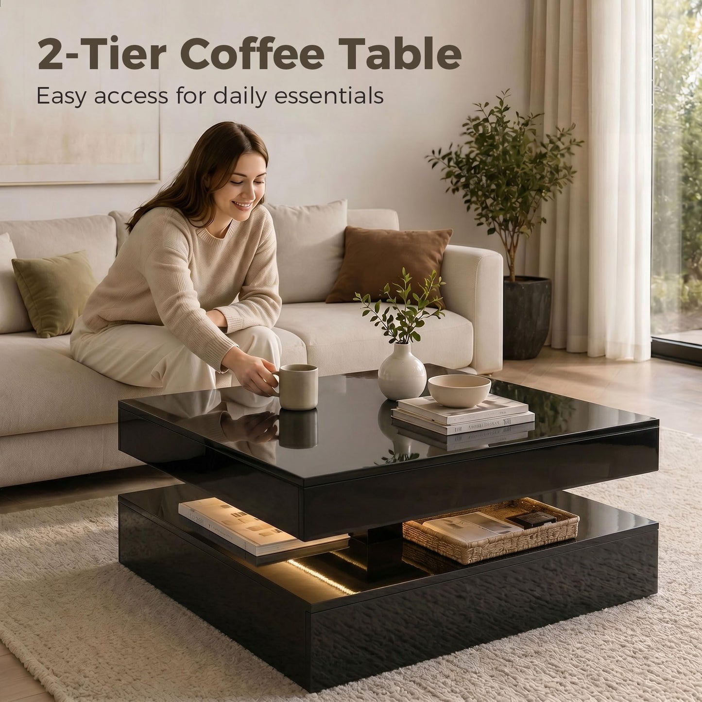 HOMCOM LED Coffee Table with Storage, 2-Tier Modern Centre Table with Open Shelf and Remote for Living Room, High Gloss White