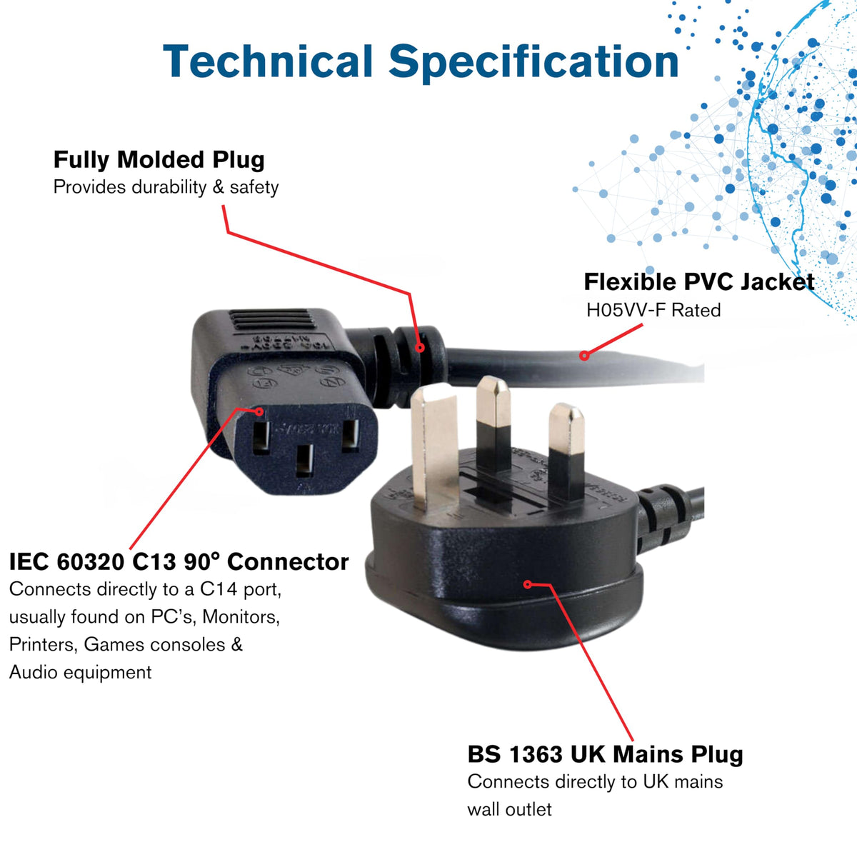 C2G C2G82037 10 Metre 17 AWG 90 degree power cable (IEC320C13R to BS1363) Right Angle Kettle lead, Black