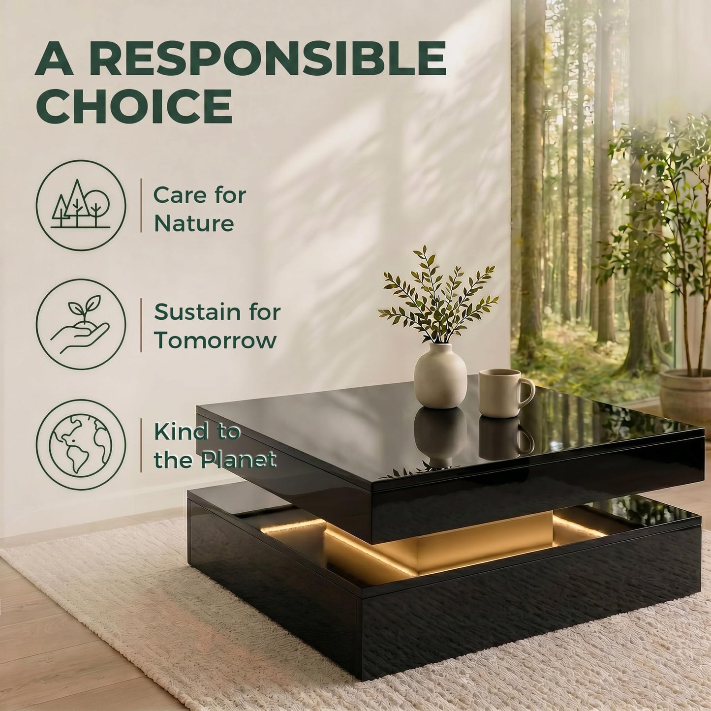 HOMCOM LED Coffee Table with Storage, 2-Tier Modern Centre Table with Open Shelf and Remote for Living Room, High Gloss White