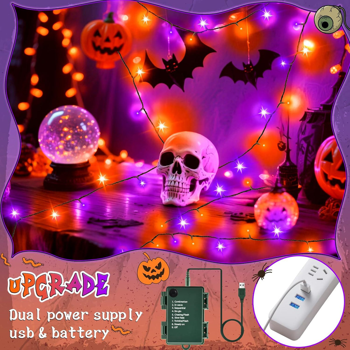 cshare Halloween Decorations Fairy Lights, 20Ft 60LED Orange-Purple USB/Battery String Lights with Timer Waterproof for Outdoor Indoor Autumn Fall Halloween Decorations-Green Wire