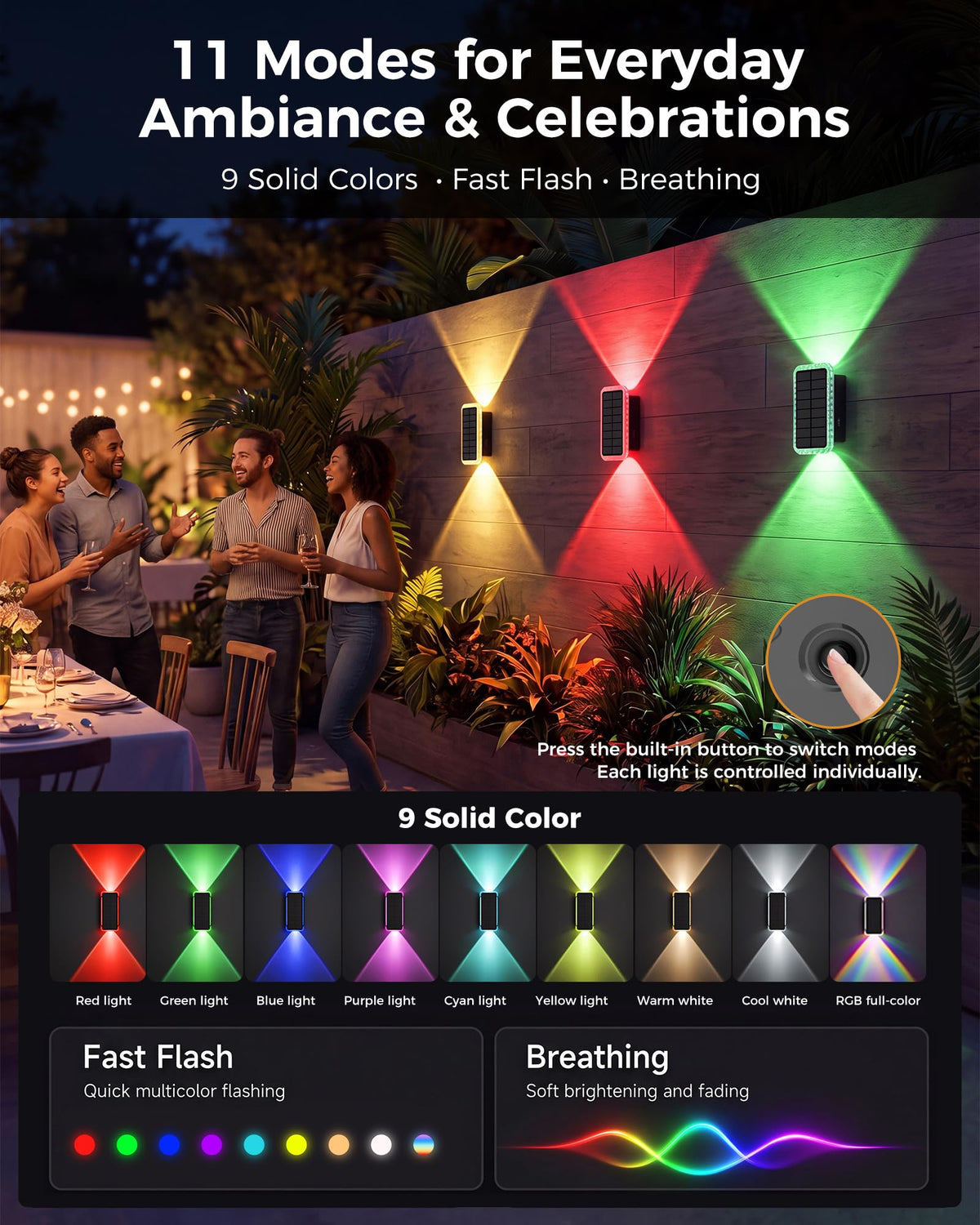vighep RGB Solar Fence Lights Outdoor 3 Pack, 11 Mode Up & Down Wall Lights