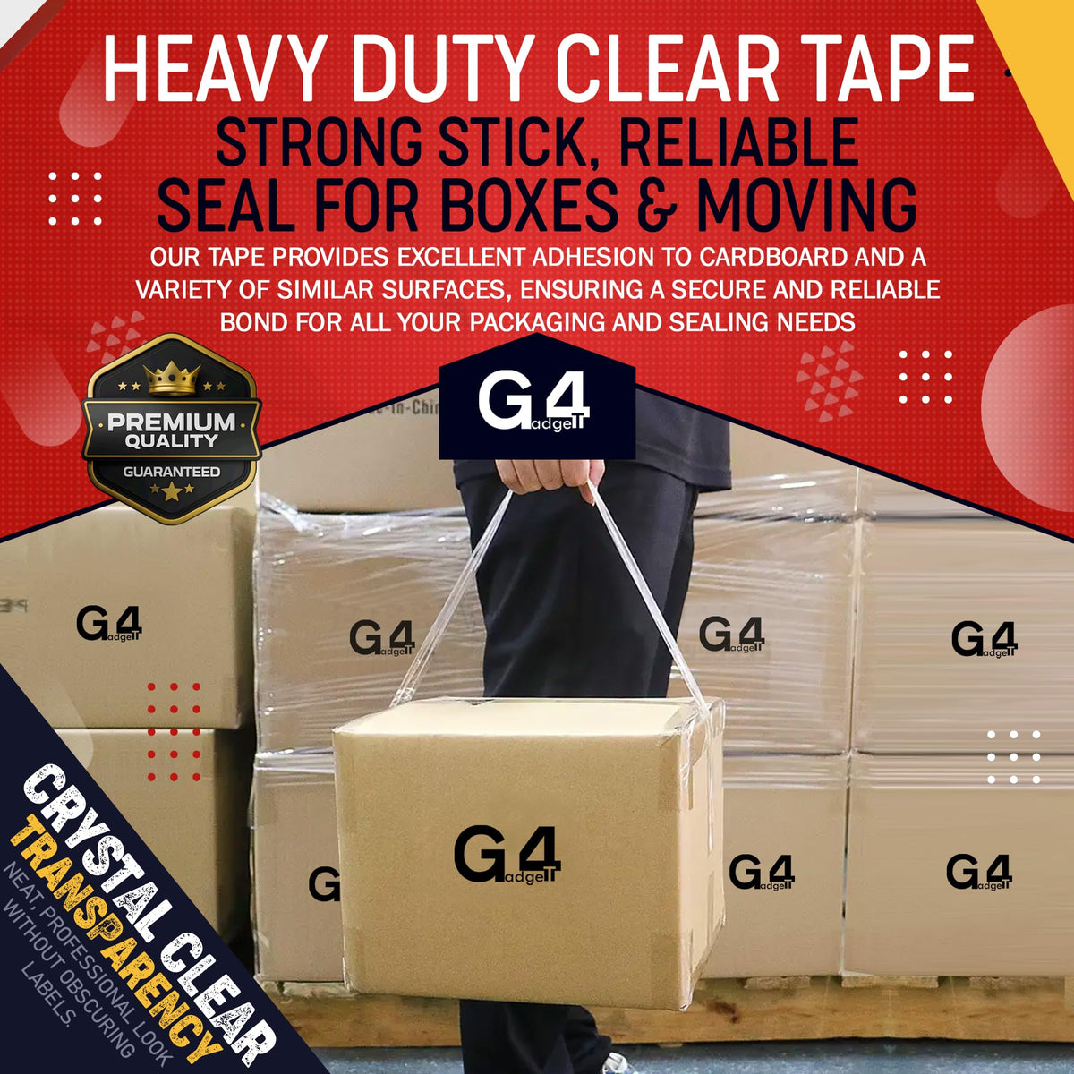G4GADGET Pack of 3 Clear Packing Tape - Heavy Duty Transparent Tape 48mm x 66m - Ideal for Moving, Packing Boxes, and Secure Packaging