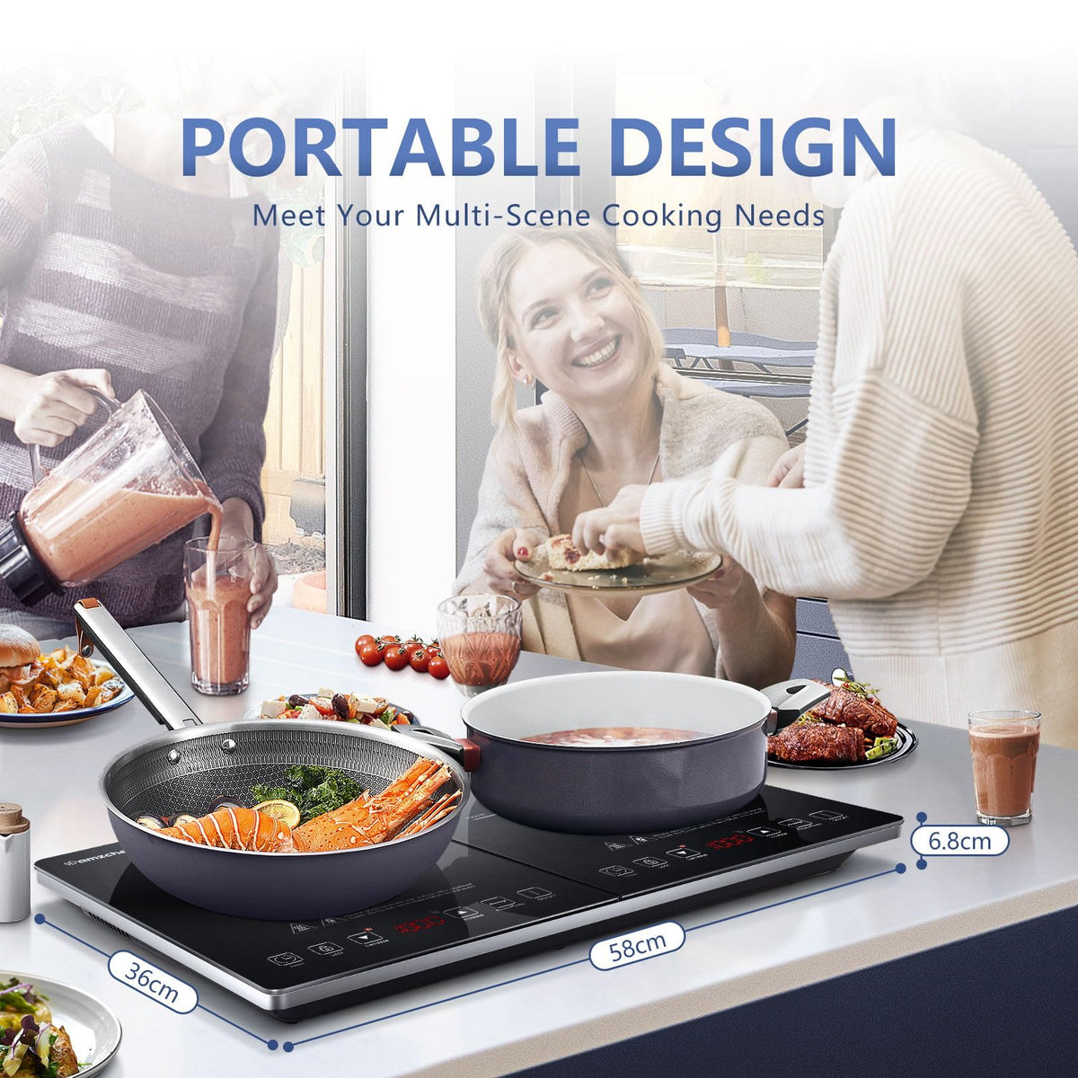 AMZCHEF Single Induction Cooker, Ultra-thin Induction Hob with Fashion Look, 20-level Power and Temperature Control, Black Frosted Glass Panel, Touch Sensor, 3-hour Timer, Safety Lock
