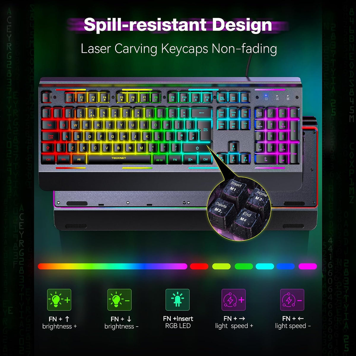 TECKNET RGB Gaming Keyboard UK Layout with 15-Zone RGB Illumination