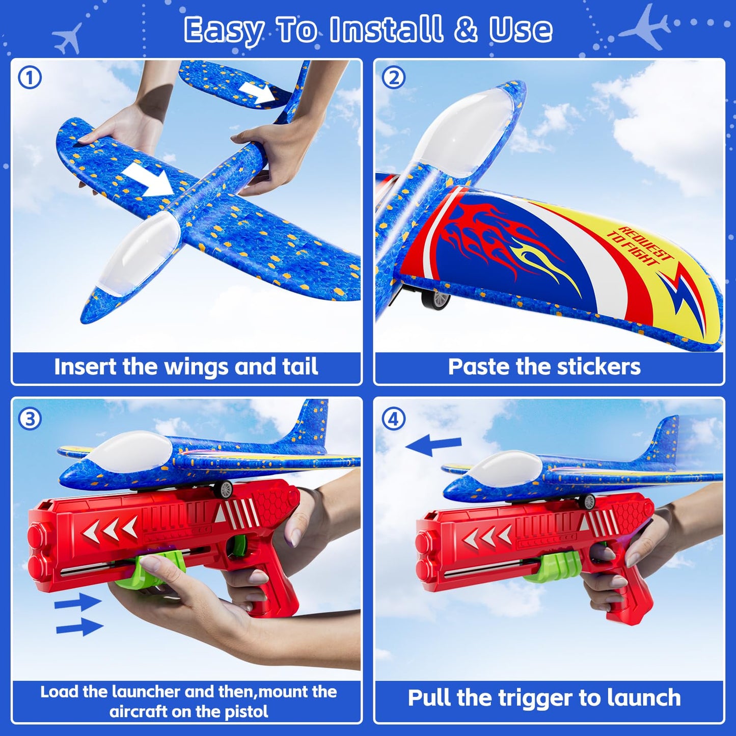 Doloowee Boys Toys for 3 4 5 6 7 8 Years Old, 1 Launcher with 3 Foam Glider Planes, Outdoor Garden Toys Birthday Present Gift for Kids 3 4 5 6 7 8 Year Old