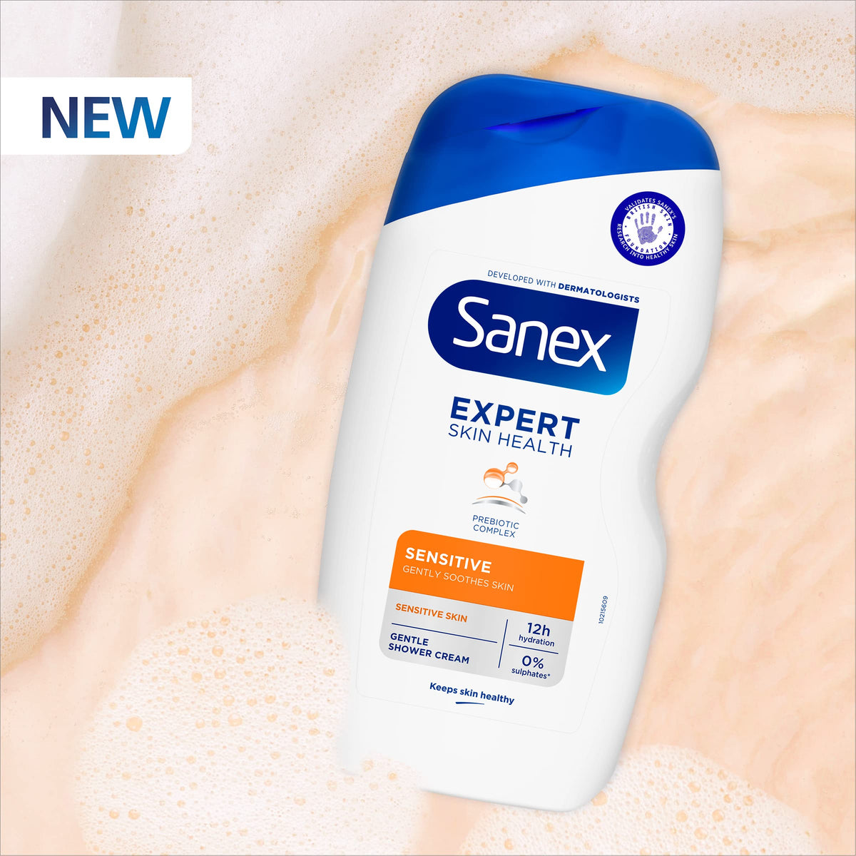 Sanex Expert Skin Health Moisturising Shower gel 570ml - body wash for men & women - gently cleanses - hydrates & softens skin - 12h hydration - advanced prebiotic complex formula - vegan
