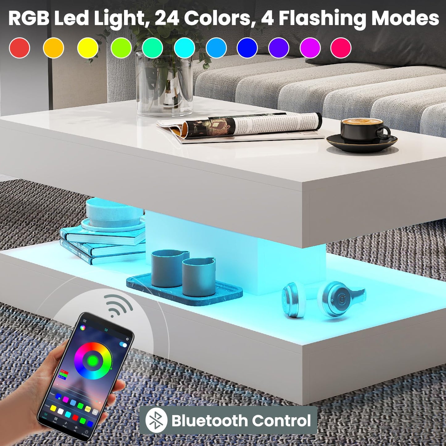 COSVALVE White Marble Coffee Table for Living Room with 24 Colors LED Light, 2 Tier High Gloss Modern Centre Table Rectangle Tea Table for Home, Office Furniture